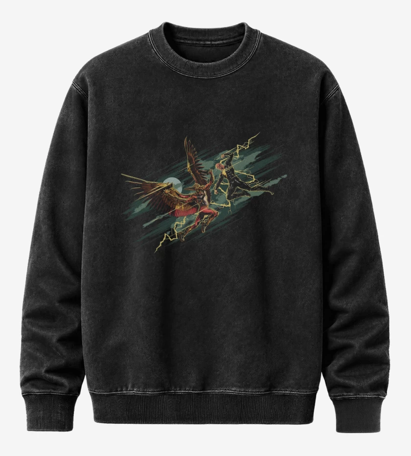 Poleron Polo Acid Wash Negro de Black Adam vs Hombre Halcón