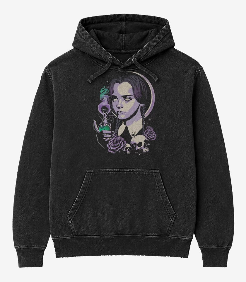 Poleron Canguro Acid Wash Negro de Merlina Miercoles