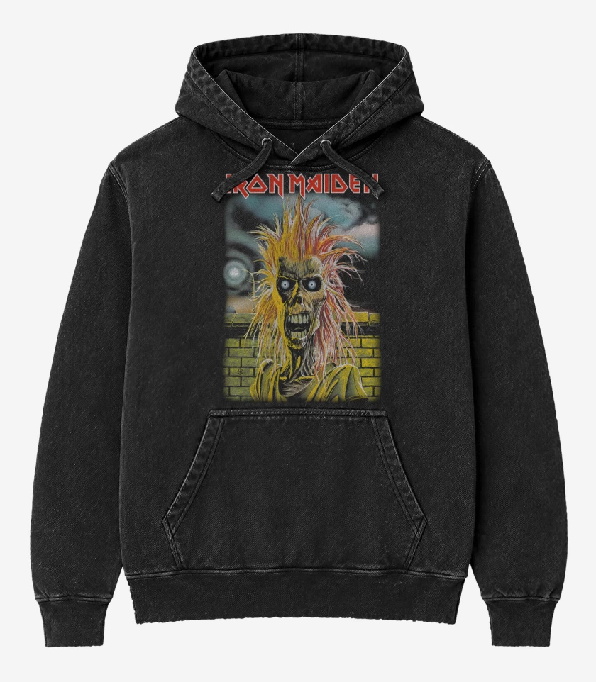 Poleron Canguro Acid Wash Negro de Iron Maiden ST