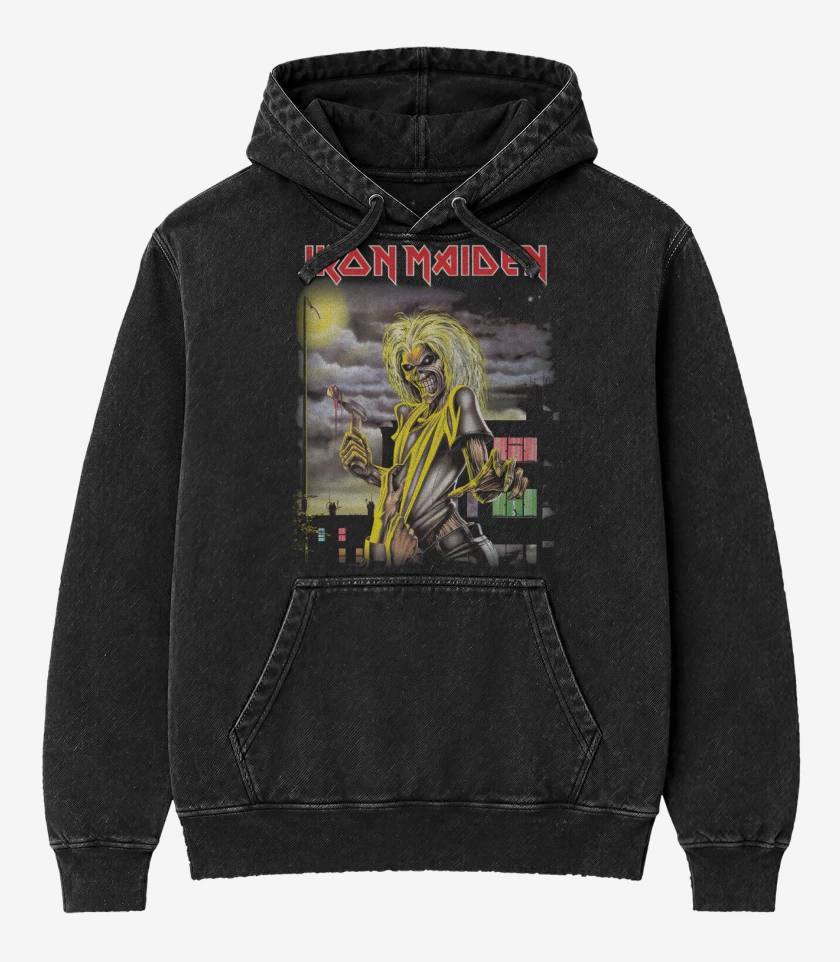 Poleron Canguro Acid Wash Negro de Maiden Killers