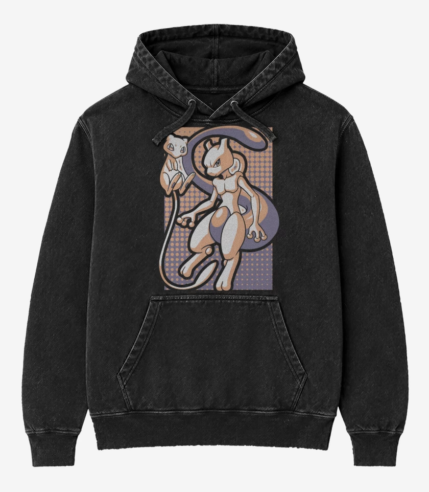 Poleron Canguro Acid Wash Negro de Mew & Mewtwo