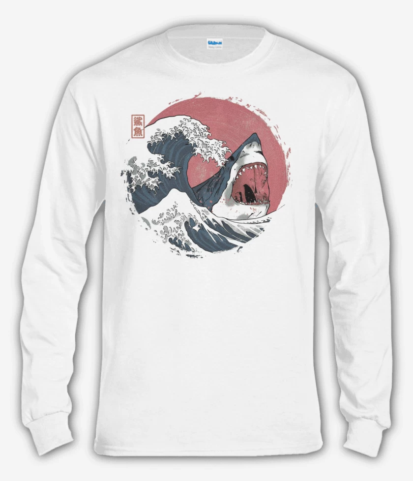 Polera manga larga Blanco de Tiburón de Hokusai