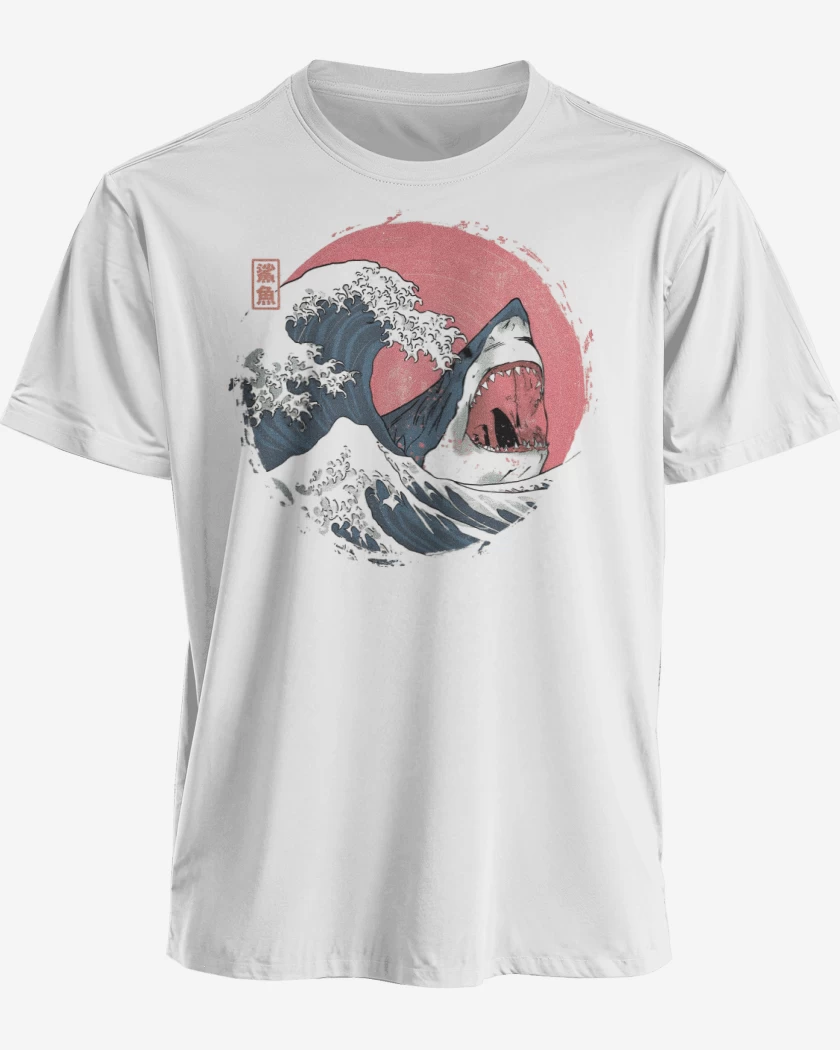 Polera premium Blanco de Tiburón de Hokusai