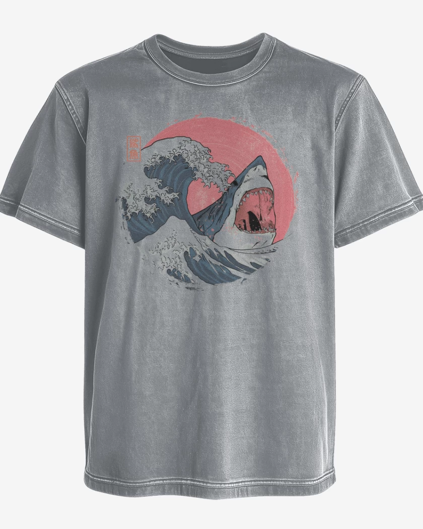 Polera desgastada Gris Melange de Tiburón de Hokusai