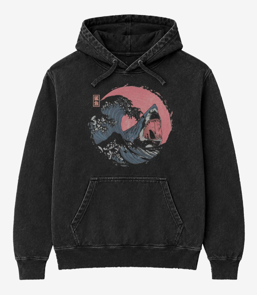 Poleron Canguro Acid Wash Negro de Tiburón de Hokusai