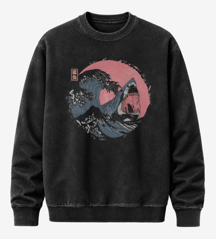 Poleron Polo Acid Wash Negro de Tiburón de Hokusai
