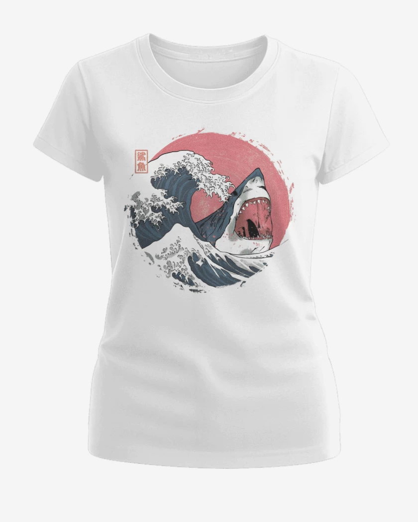 Polera de Mujer Blanco de Tiburón de Hokusai