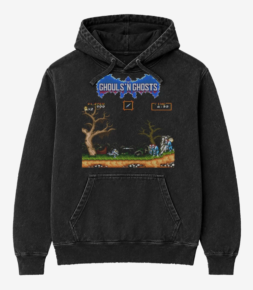 Poleron Canguro Acid Wash Negro de Ghouls 8 bits