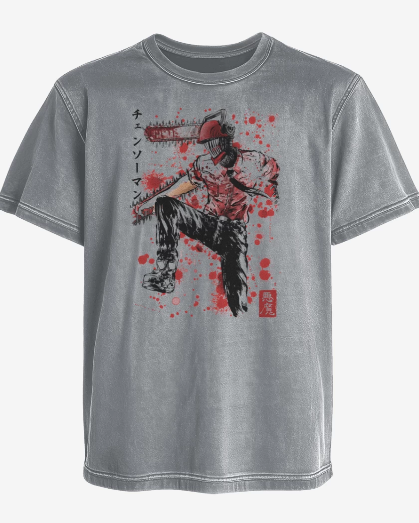 Polera desgastada Gris Melange de Denji Saw
