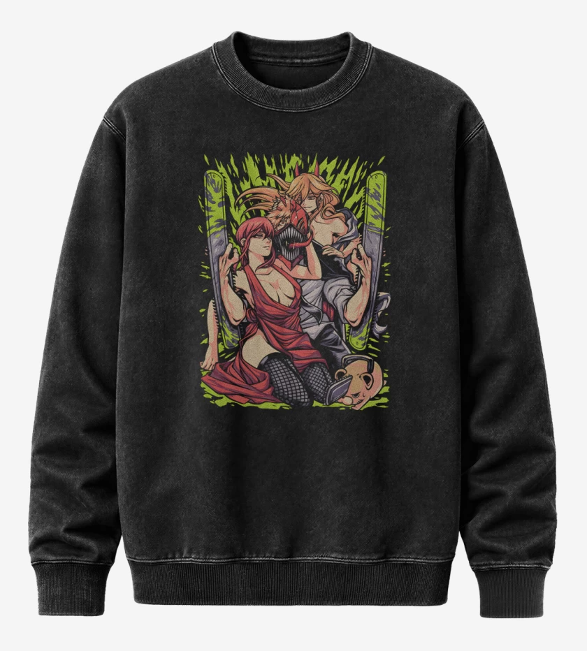 Poleron Polo Acid Wash Negro de Makima Power x Denji