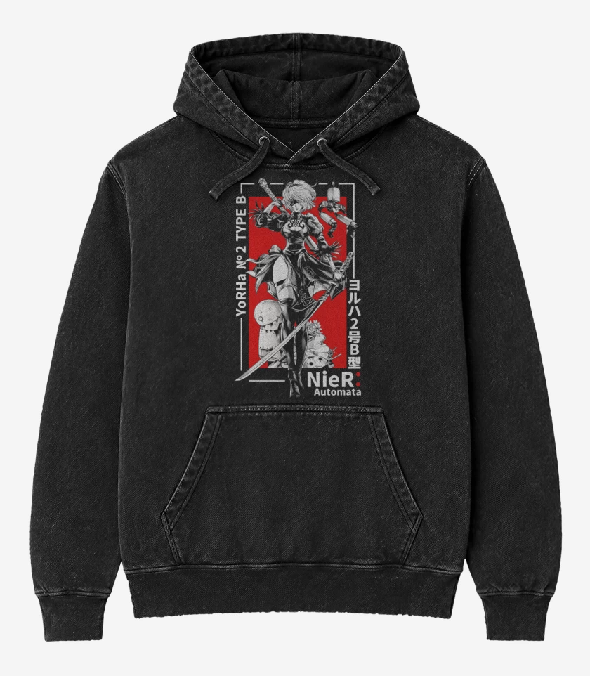 Poleron Canguro Acid Wash Negro de YoRHa