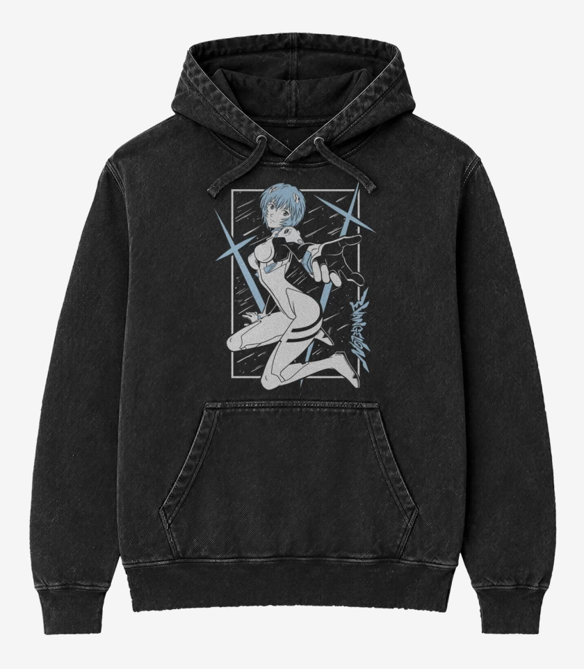 Poleron Canguro Acid Wash Negro de Neon Genesis Rei