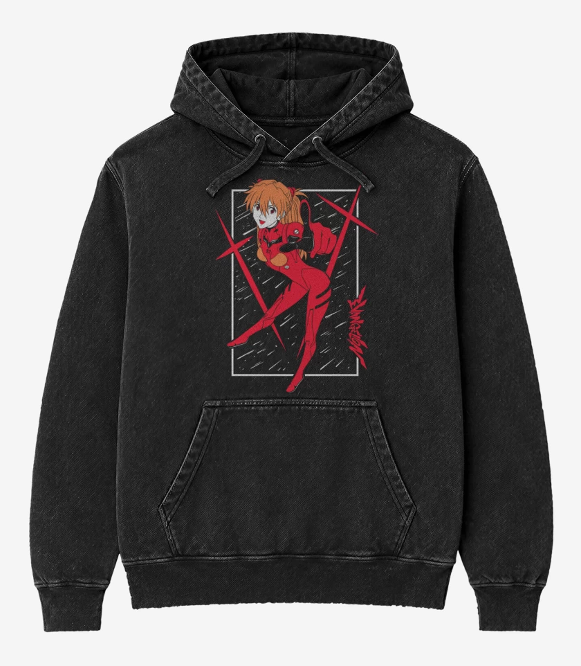 Poleron Canguro Acid Wash Negro de Neon Genesis Asuka