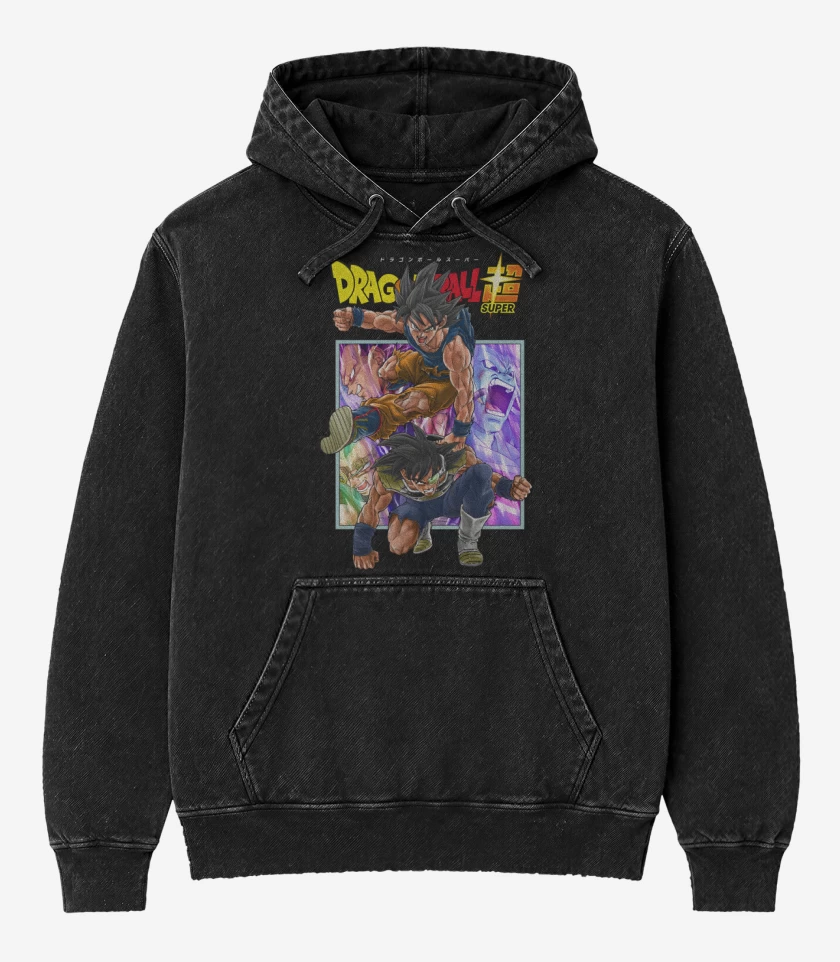 Poleron Canguro Acid Wash Negro de Goku x Bardock