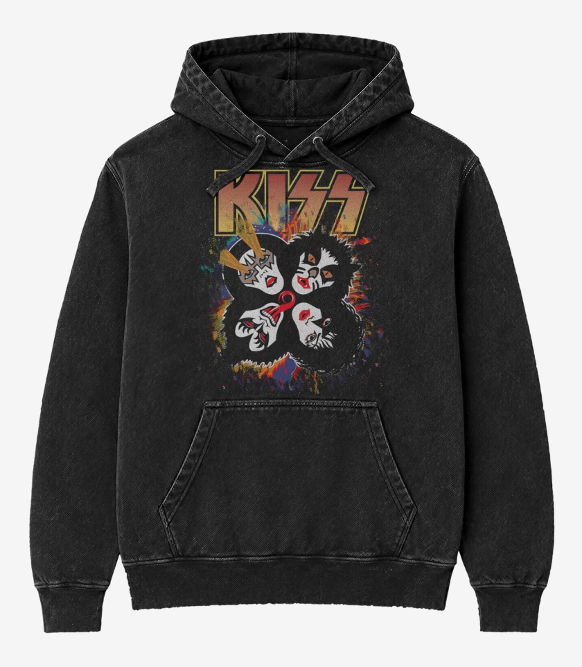 Poleron Canguro Acid Wash Negro de Rock and Roll Over