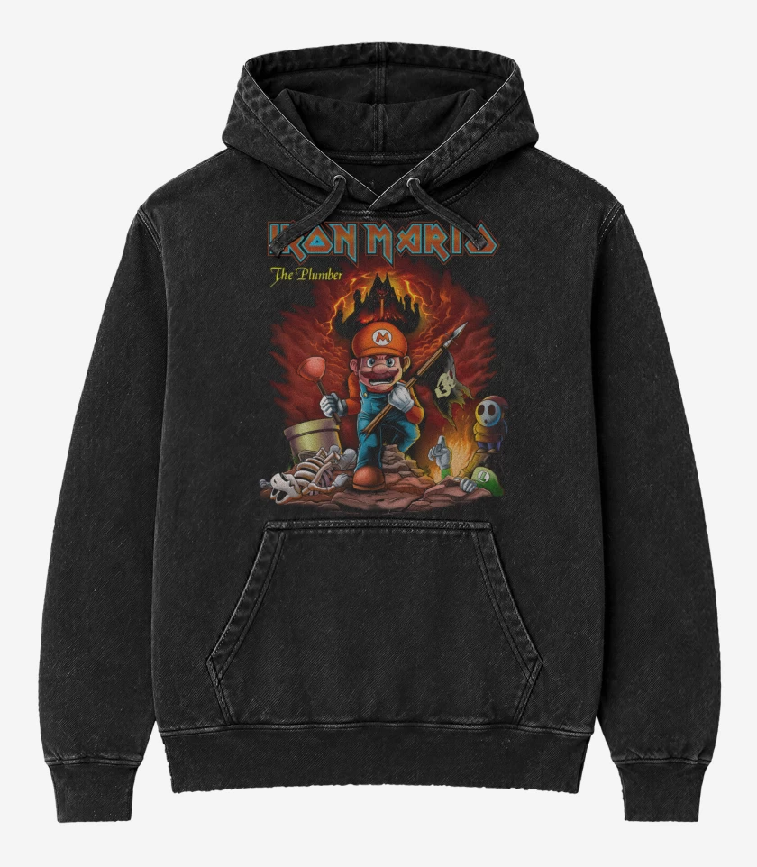 Poleron Canguro Acid Wash Negro de Iron Bigote