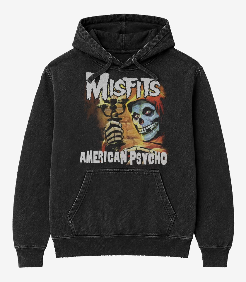 Poleron Canguro Acid Wash Negro de Misfits American Psycho