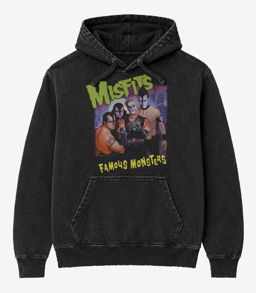 Poleron Canguro Acid Wash Negro de Famous Monsters
