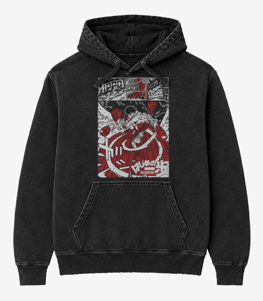 Poleron Canguro Acid Wash Negro de Ippo Makunouchi N