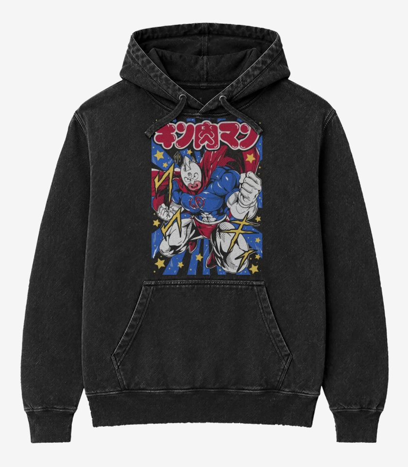 Poleron Canguro Acid Wash Negro de Super Kinnikuman N