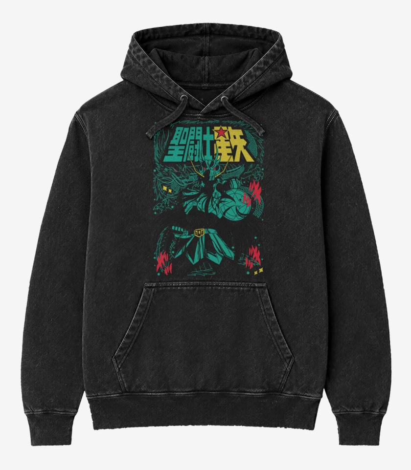 Poleron Canguro Acid Wash Negro de Shiryu de Dragon B