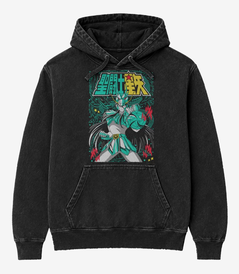 Poleron Canguro Acid Wash Negro de Shiryu de Dragon N