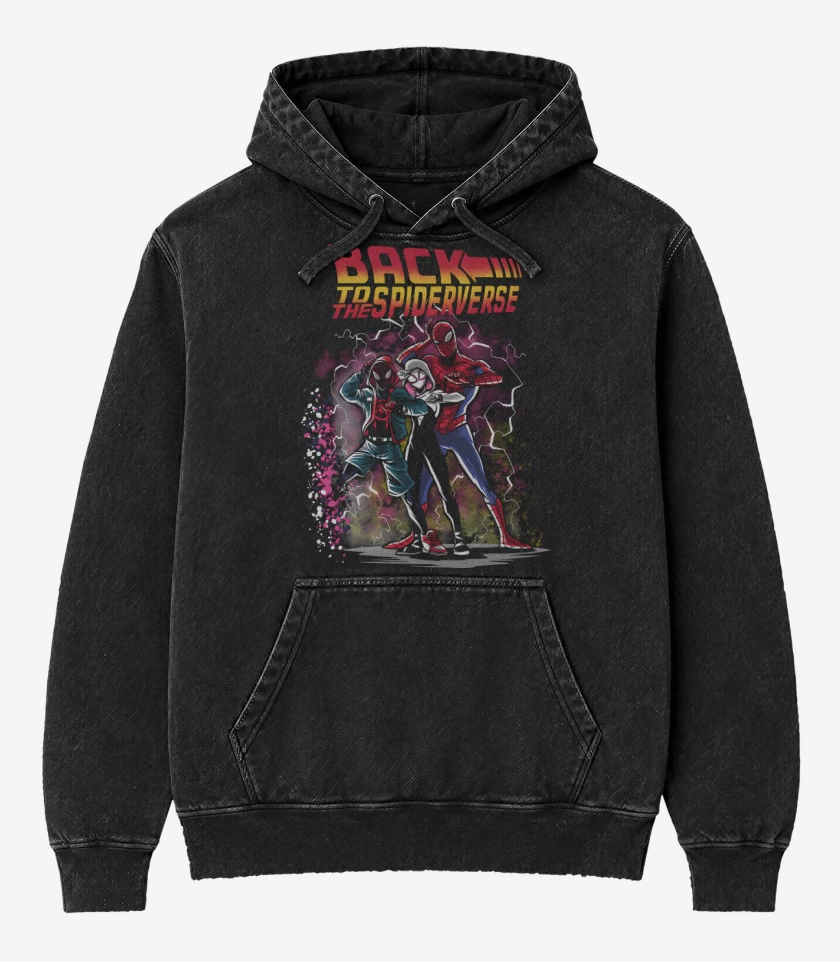 Poleron Canguro Acid Wash Negro de Back to the Spiderverse 
