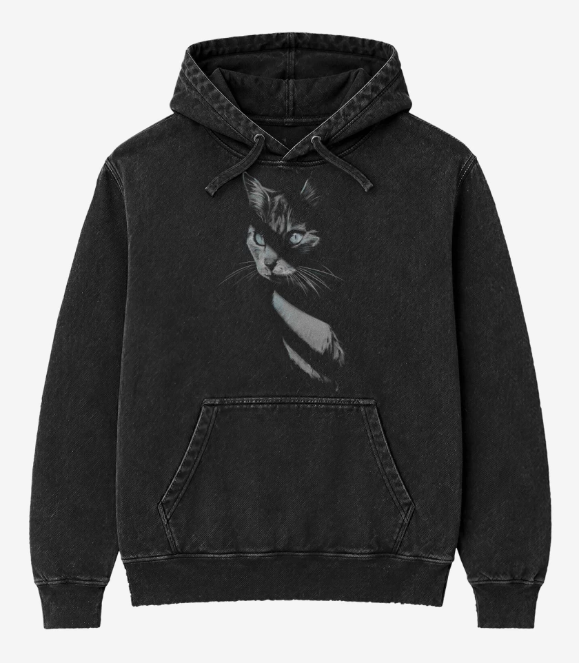 Poleron Canguro Acid Wash Negro de Gatito en las Sombras