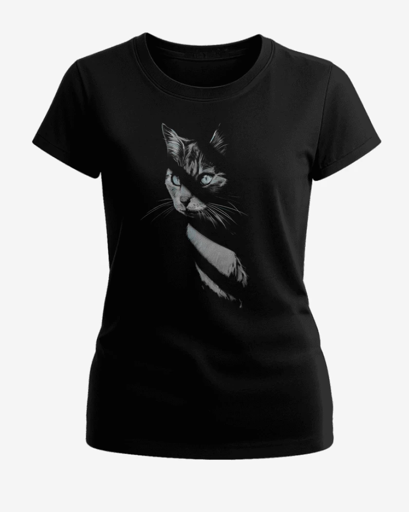 Polera de Mujer Negro de Gatito en las Sombras