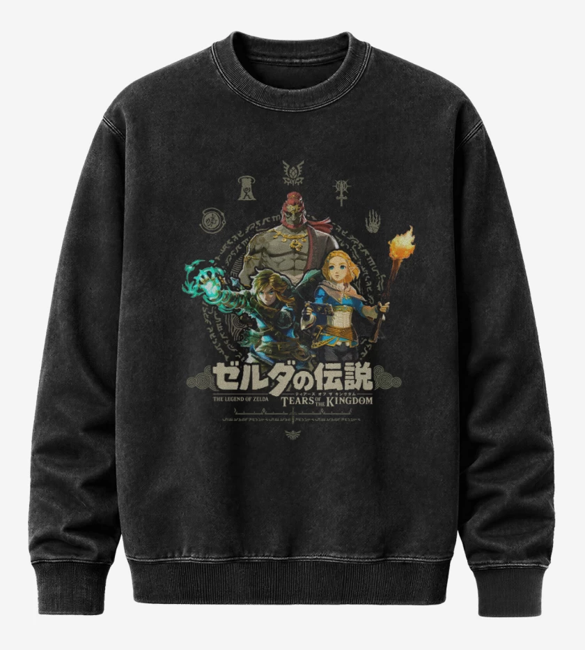 Poleron Polo Acid Wash Negro de TOTK Link Zelda y Ganondorf
