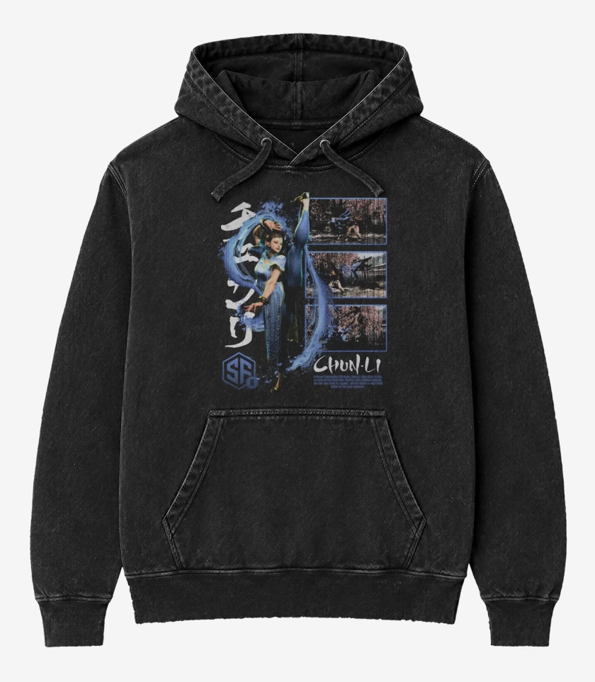 Poleron Canguro Acid Wash Negro de SF6 Chun Li