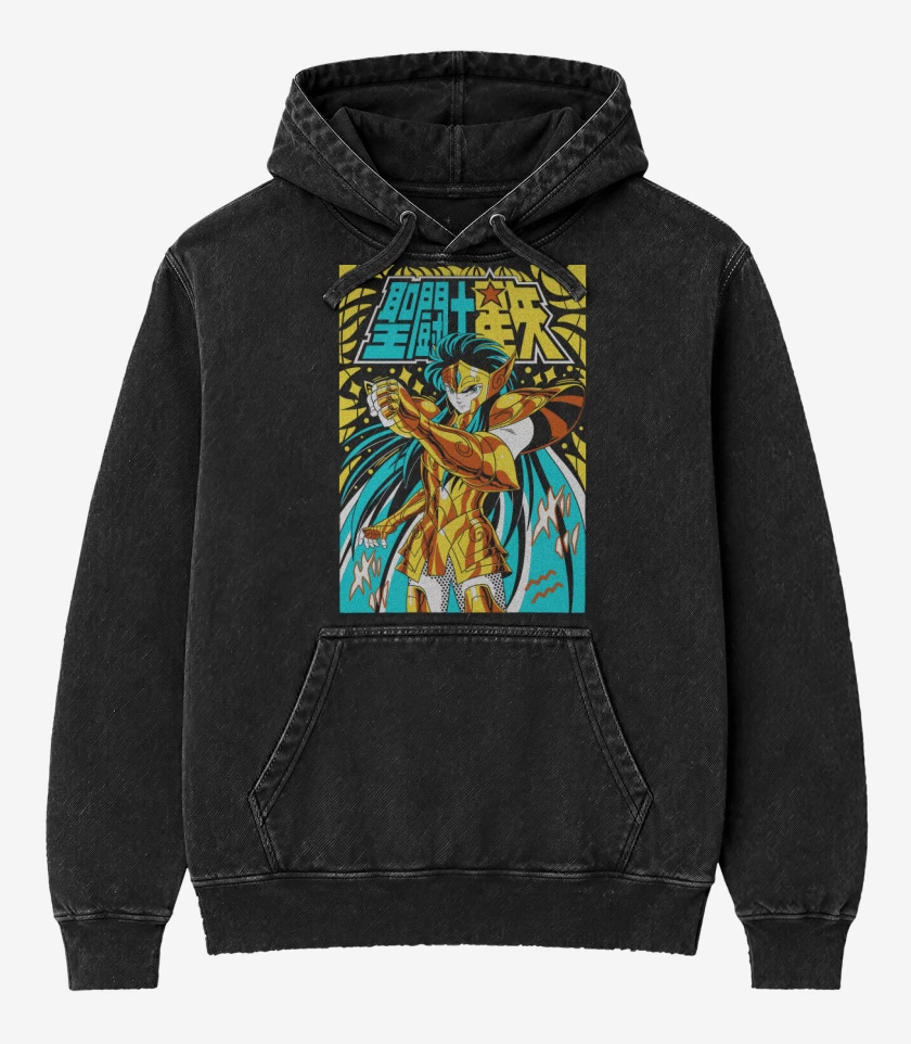 Poleron Canguro Acid Wash Negro de Camus de Acuario N