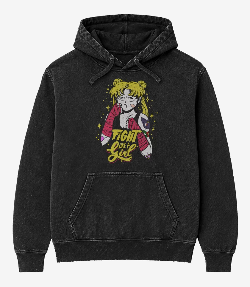 Poleron Canguro Acid Wash Negro de Serena Fight Like a Girl