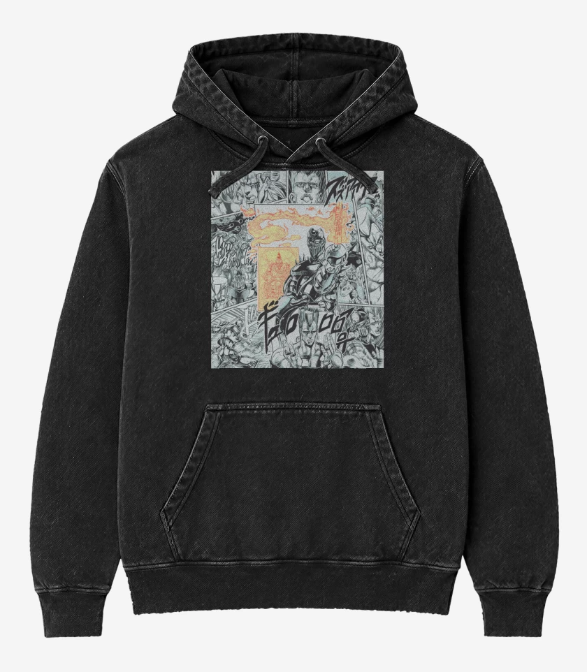 Poleron Canguro Acid Wash Negro de Polnareff & Silver Chariot