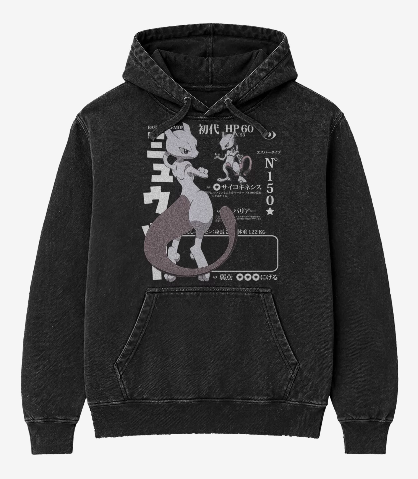 Poleron Canguro Acid Wash Negro de PKM - Mewtwo 150