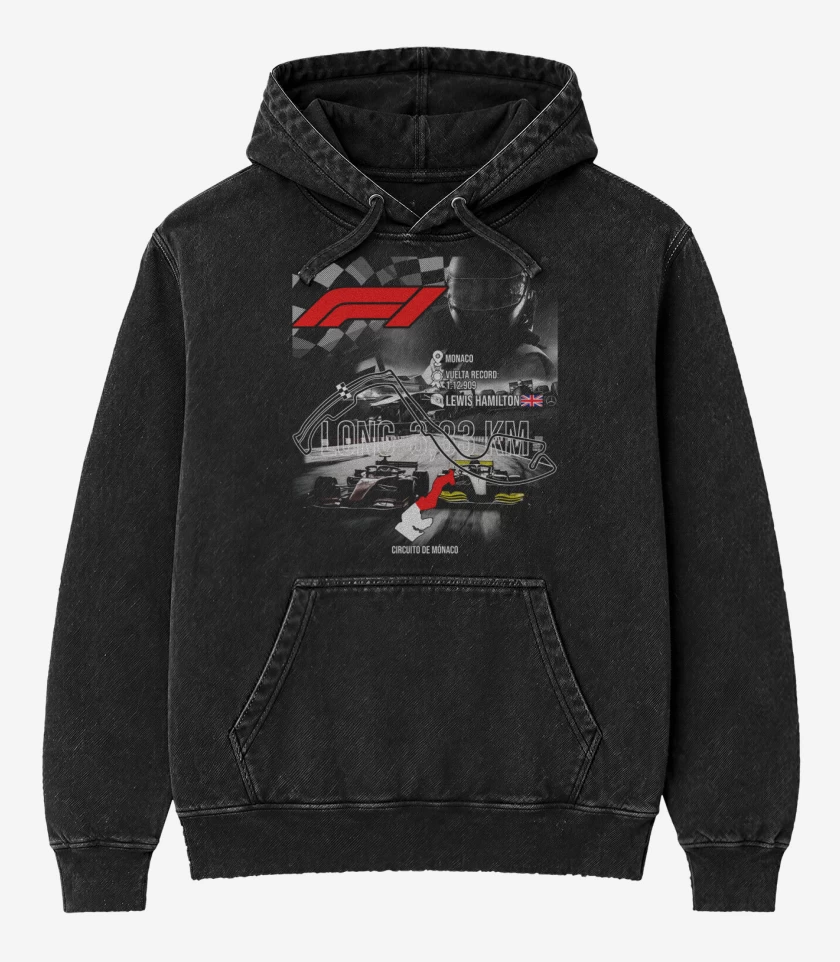 Poleron Canguro Acid Wash Negro de F1 Circuito de monaco