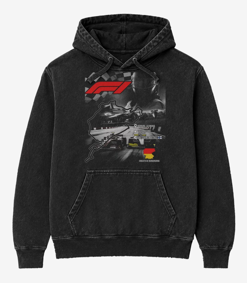 Poleron Canguro Acid Wash Negro de F1 Circuito de Nurburgring 