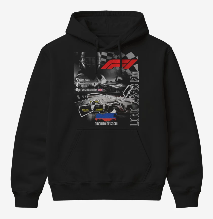 Poleron Canguro básico Negro de F1 Circuito de Sochi