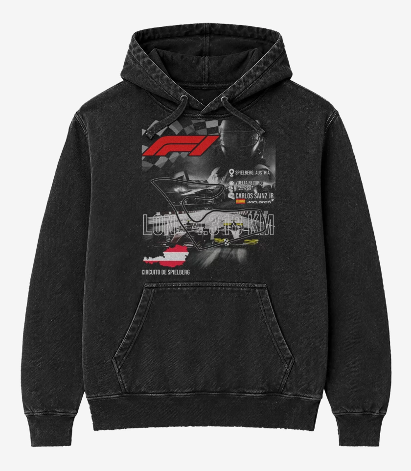 Poleron Canguro Acid Wash Negro de F1 Circuito de Spielberg