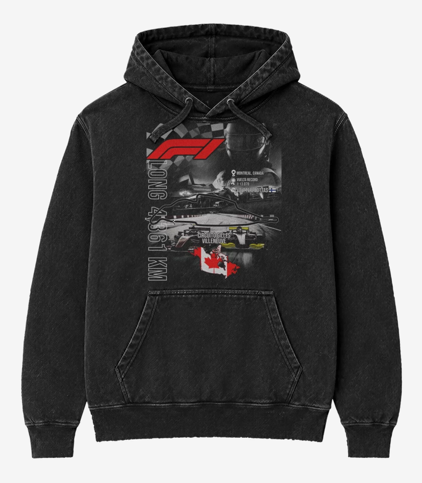 Poleron Canguro Acid Wash Negro de F1 Circuito de Gilles Villeneuve