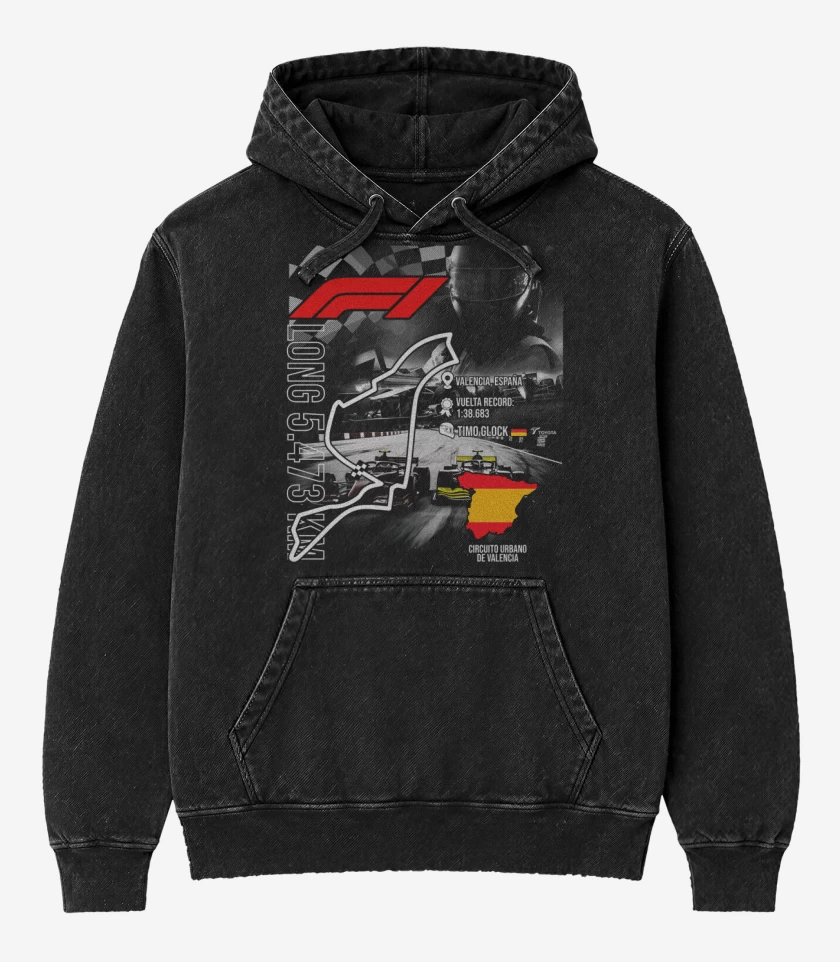 Poleron Canguro Acid Wash Negro de F1 Circuito urbano de Valencia