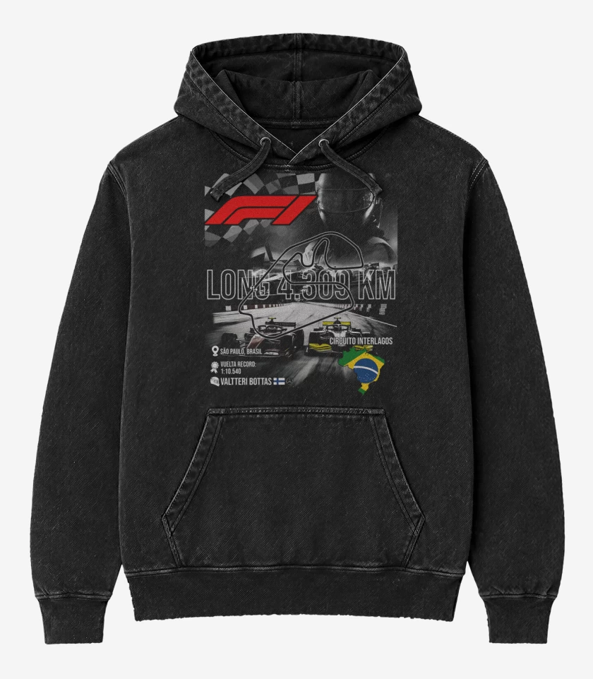 Poleron Canguro Acid Wash Negro de F1 Circuito de Interlagos