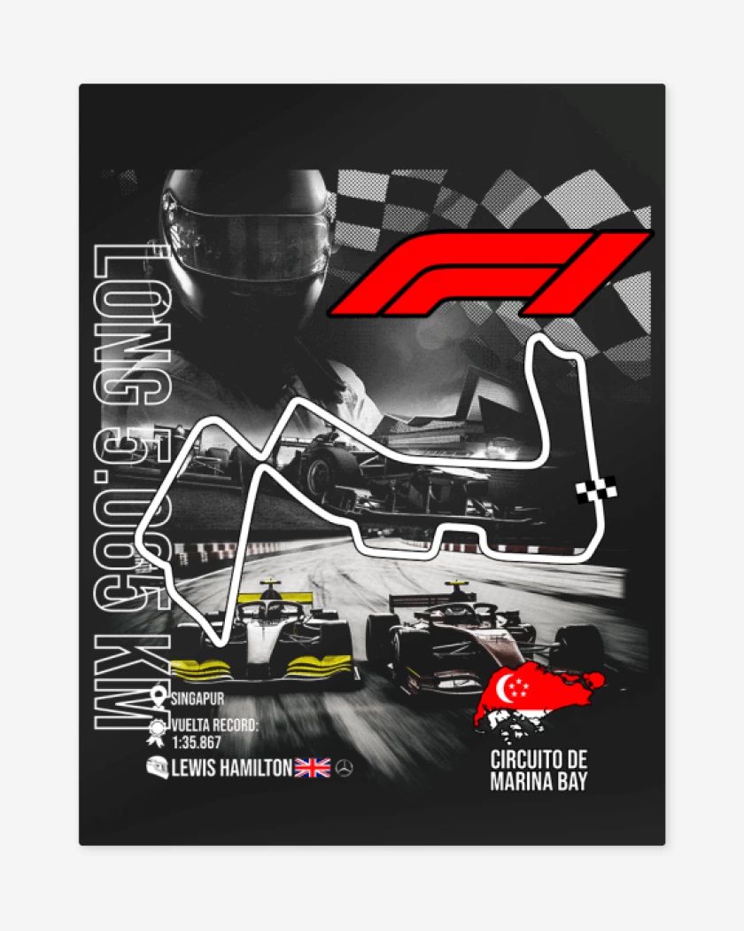Print metalico Negro de F1 Circuito de Marina Bay