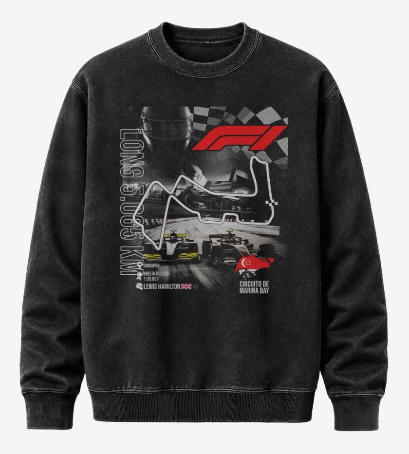Poleron Polo Acid Wash Negro de F1 Circuito de Marina Bay