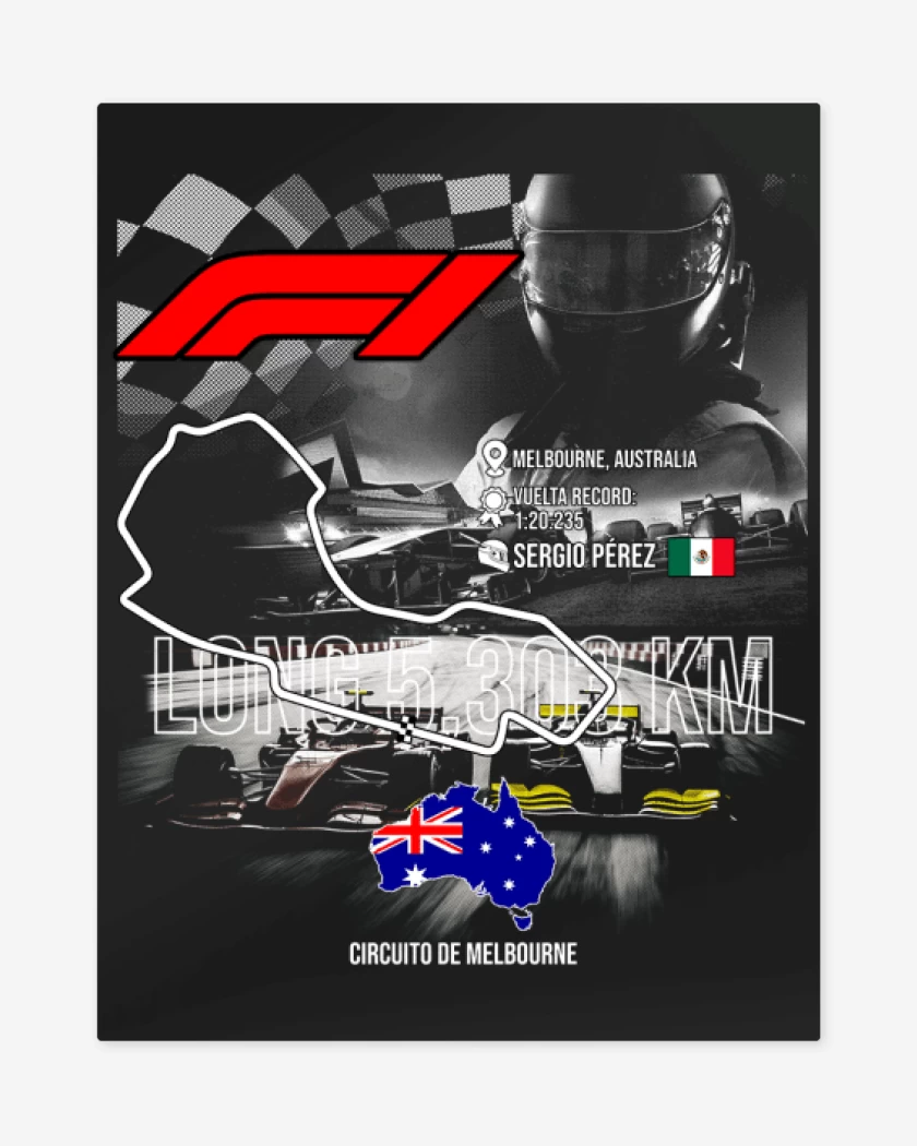 Print metalico Negro de F1 Circuito de Melbourne 