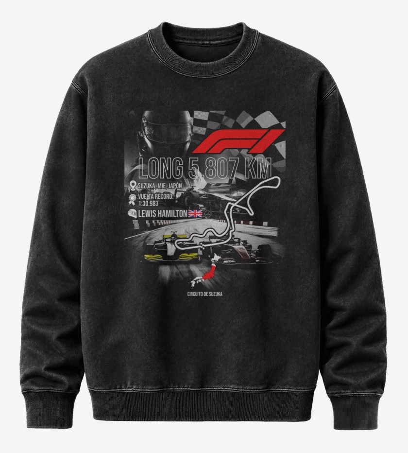 Poleron Polo Acid Wash Negro de F1 Circuito de Suzuka