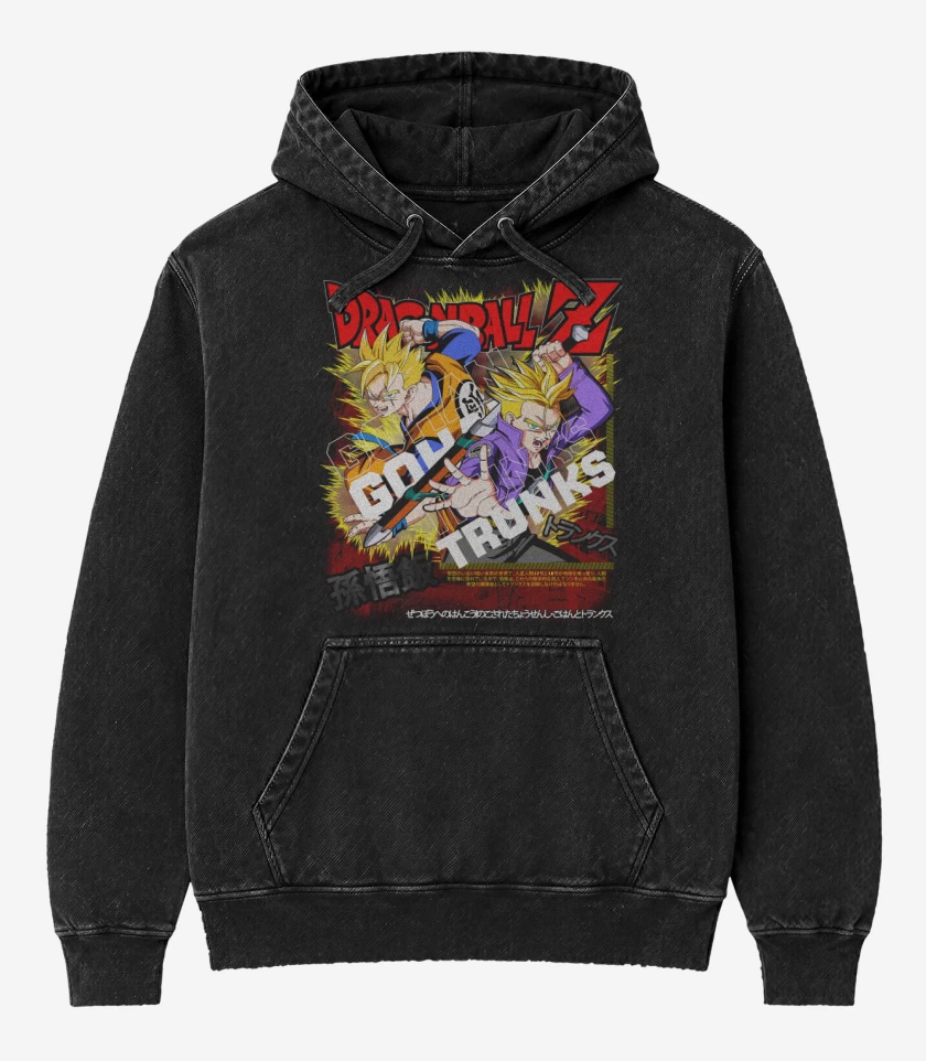 Poleron Canguro Acid Wash Negro de Futuro Gohan and Trunks