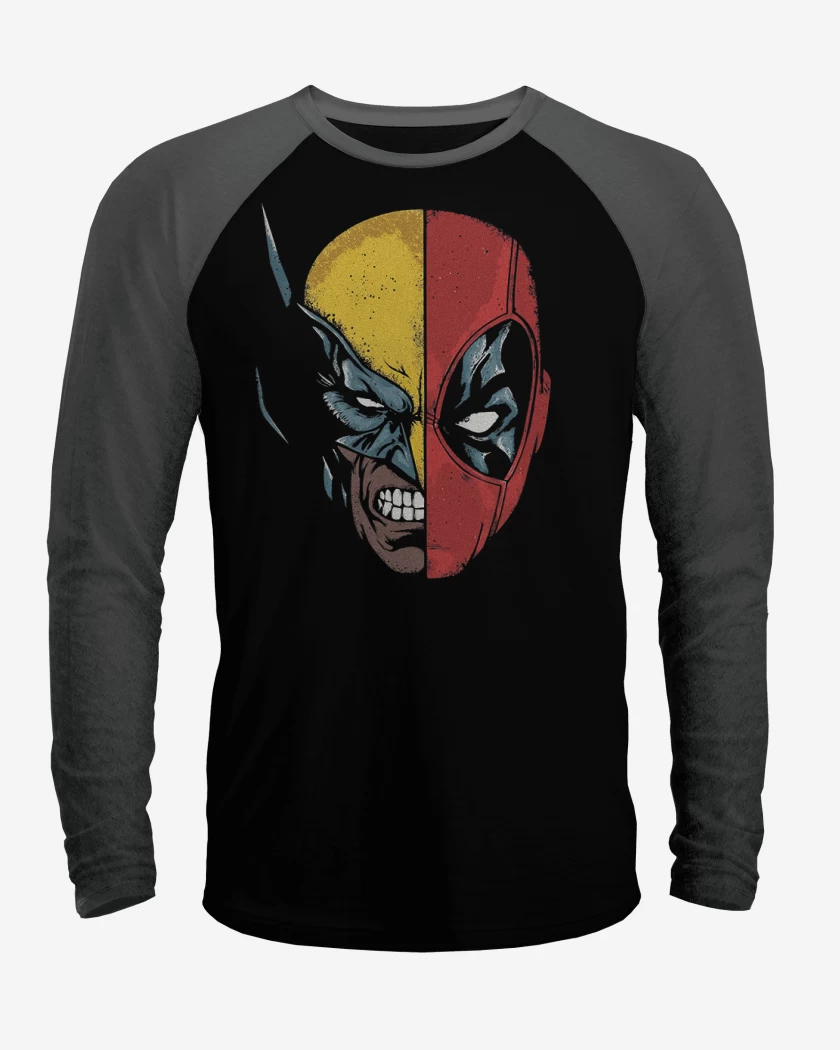 Polera Raglan Negro / Negro Heather de Deadpool Wolverine faces