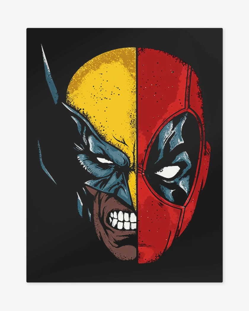 Print metalico Negro de Deadpool Wolverine faces