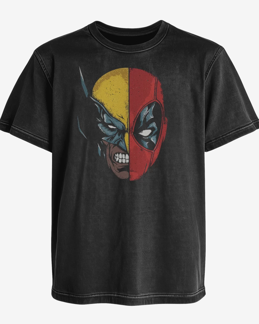 Polera desgastada Deadpool Wolverine faces